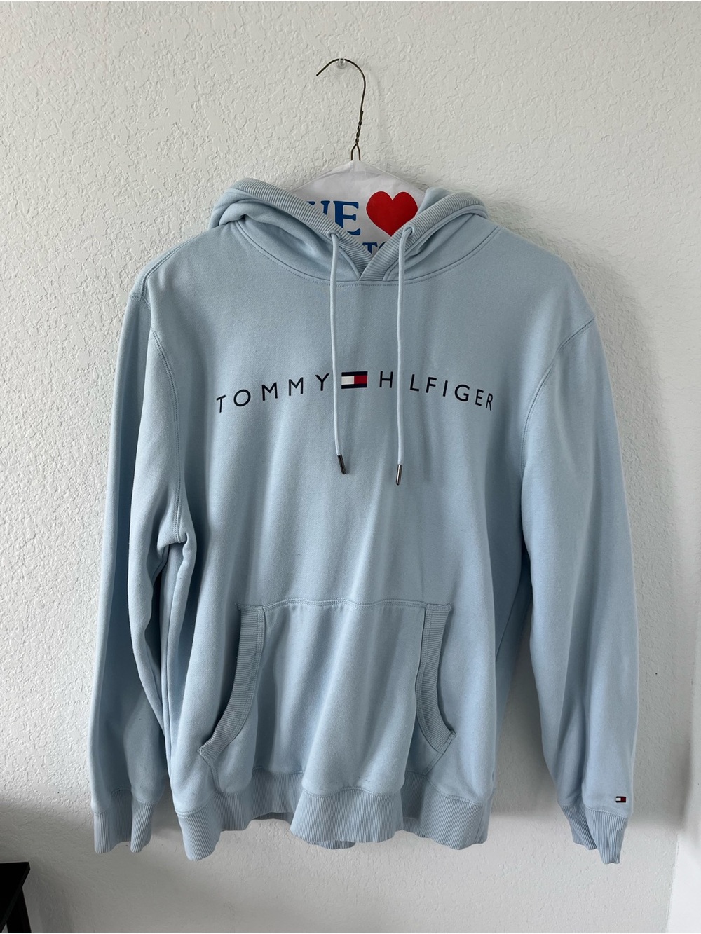 Tommy Hilfiger Light Blue Logo Hoodie | Pullover Sweatshirt | Size L